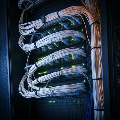 Sala de servidores con iluminación azul y cableado de fibra óptica prolijamente organizado, reflejando una infraestructura tecnológica de alto nivel