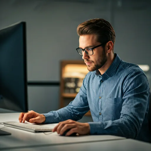 Ingeniero de IT trabajando en una oficina moderna, con estaciones de trabajo de alta calidad y equipamiento de red prolijamente organizado