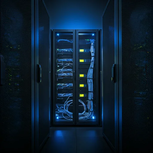 professional server room with blue lighting and organized cables representing managed services
