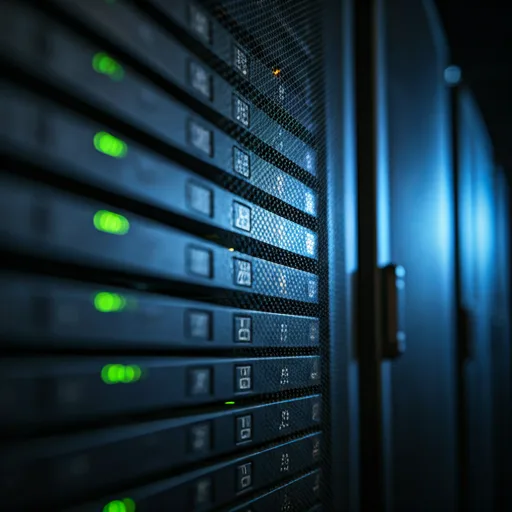 Close-up of server racks with blue and green glowing lights in a dark data center