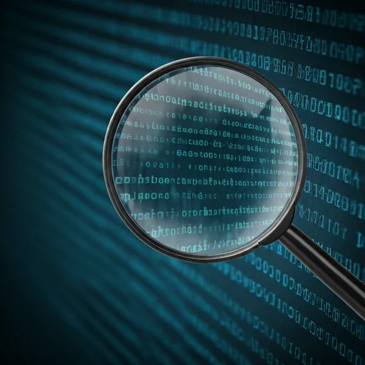 Magnifying glass focusing on digital network code and data security icons on a screen