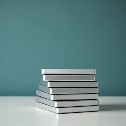 Multiple silver external hard drives stacked neatly on a minimalist desk